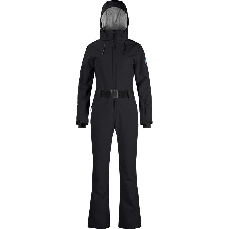 Alpine Belted Stretch One-Piece Ski Suit in Black, front product view