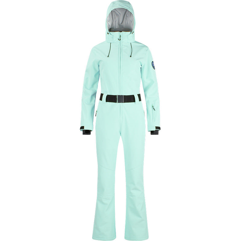 Alpine Belted Stretch One-Piece Ski Suit in Light Blue, front product view