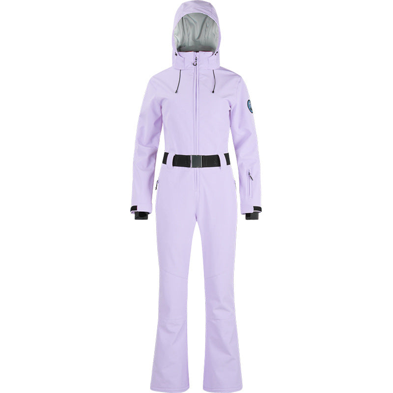 Alpine Belted Stretch One-Piece Ski Suit in Light Purple, front product view