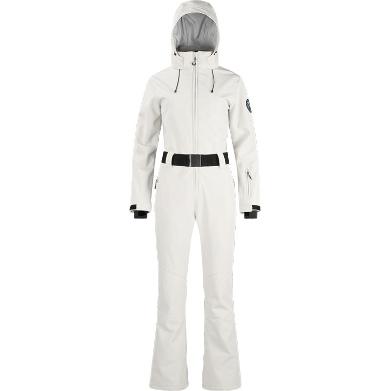 Alpine Belted Stretch One-Piece Ski Suit in Off White, front product view