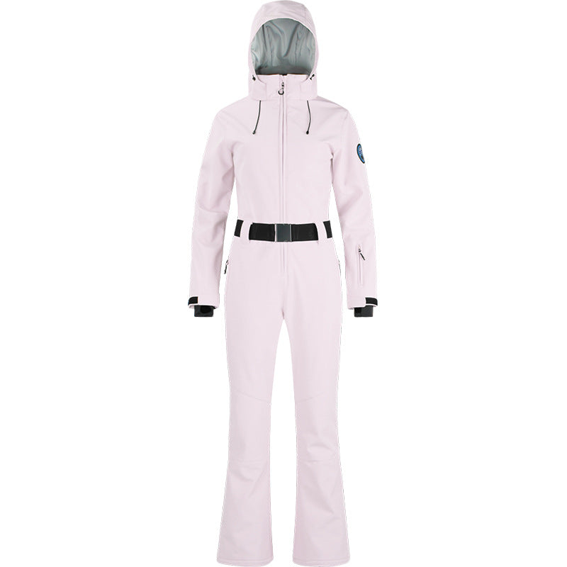 Alpine Belted Stretch One-Piece Ski Suit in Pink, front product view