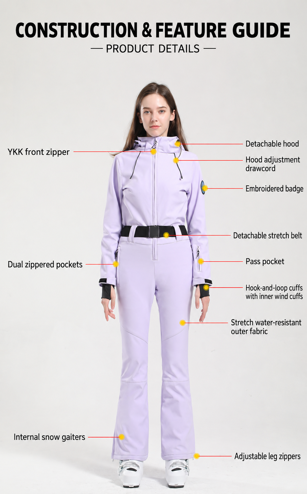 Alpine Belted Stretch One-Piece Ski Suit construction and feature guide