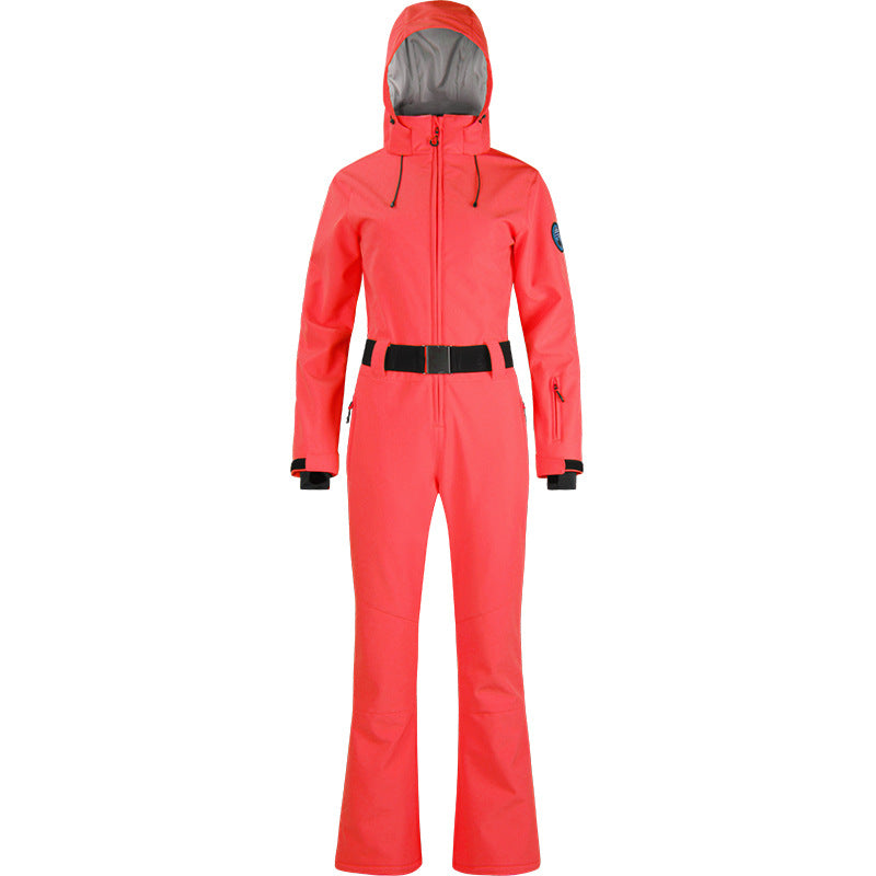 Alpine Belted Stretch One-Piece Ski Suit in Watermelon Red, front product view