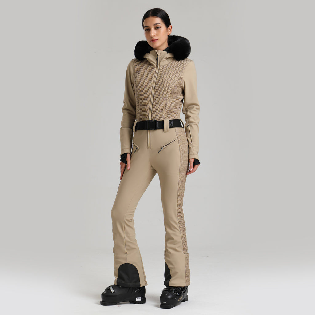 Alpine Diamond-Panel One-Piece Ski Suit — Khaki front color image