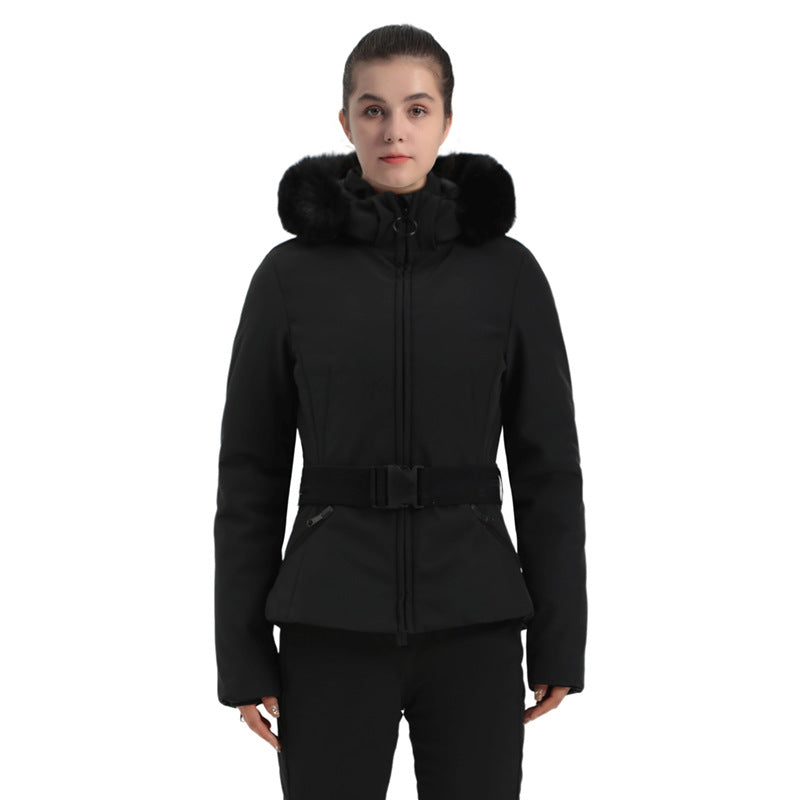 Alpine Stretch Belted Snow Jacket in Black, front product view