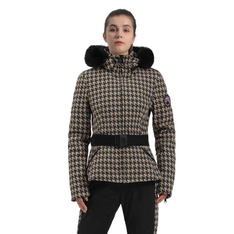 Alpine Stretch Belted Snow Jacket in Brown Houndstooth, front product view