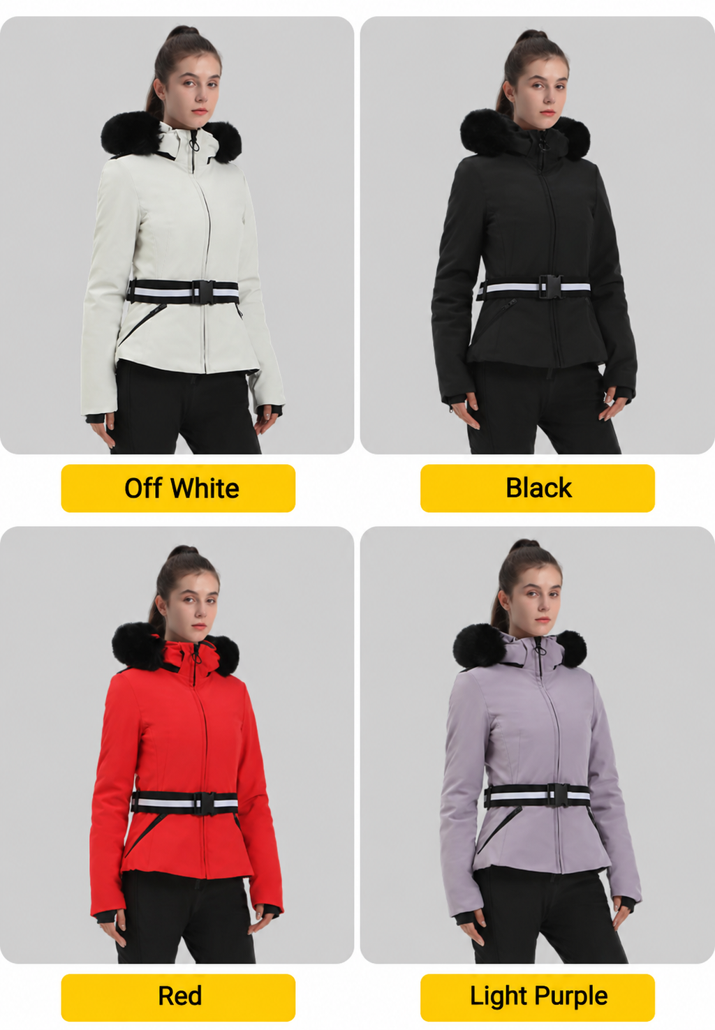 Alpine Stretch Belted Snow Jacket — Off White, Black, Red and Light Purple color overview