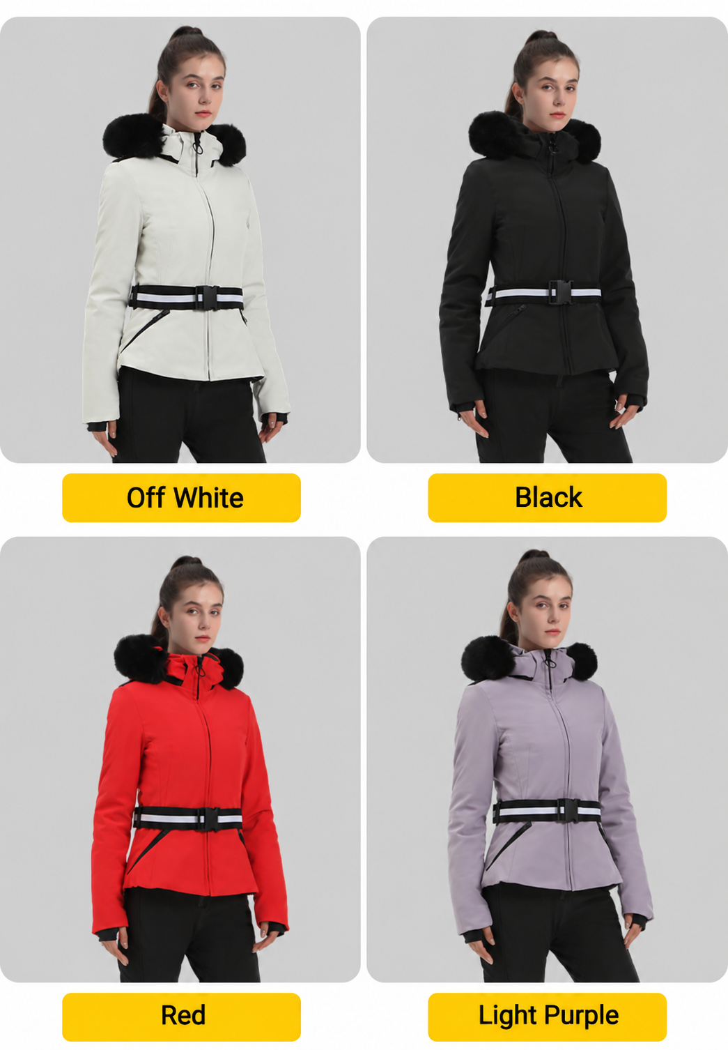 Alpine Stretch Belted Snow Jacket — Off White, Black, Red and Light Purple color overview