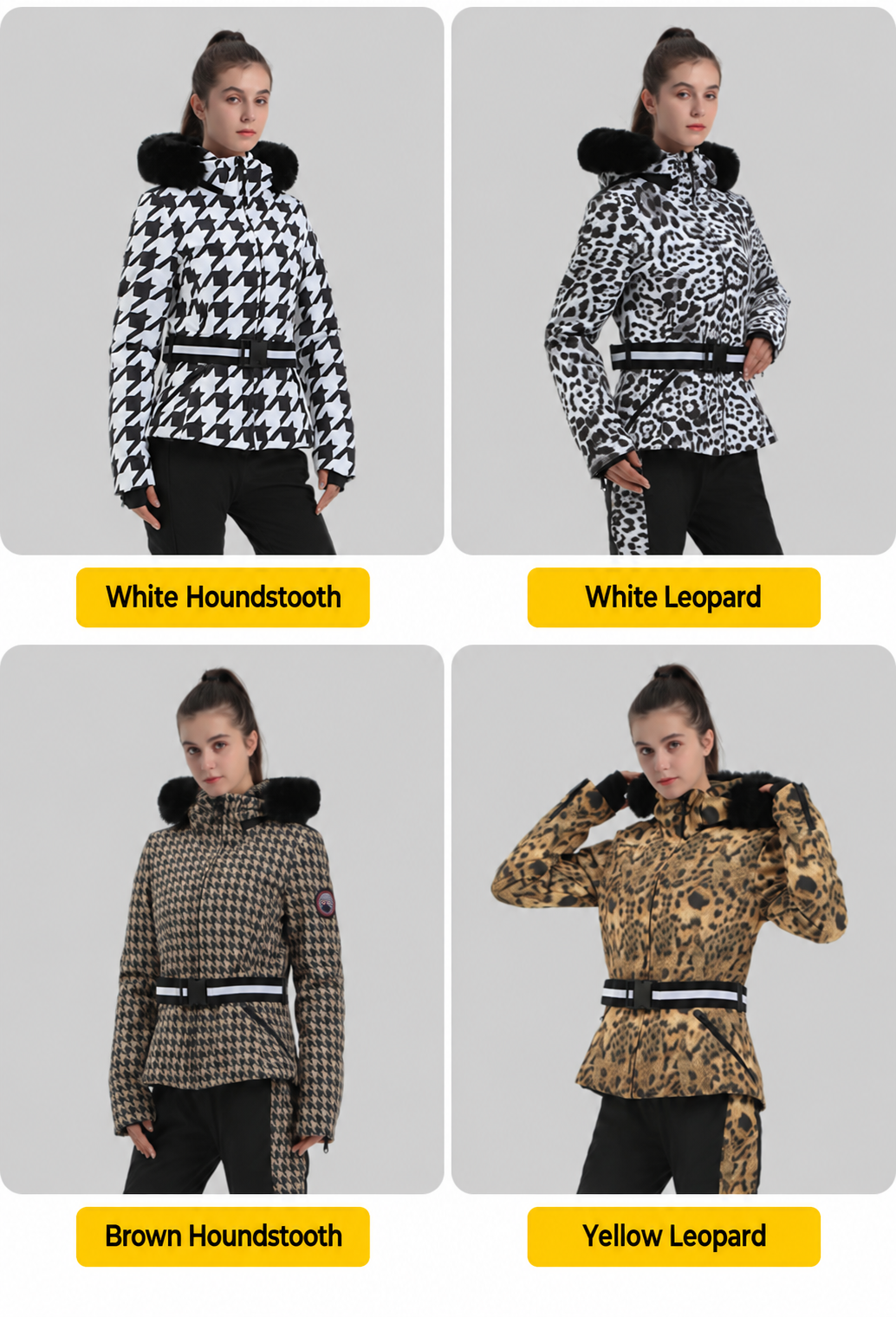 Alpine Stretch Belted Snow Jacket — White Houndstooth, White Leopard, Brown Houndstooth and Yellow Leopard color overview