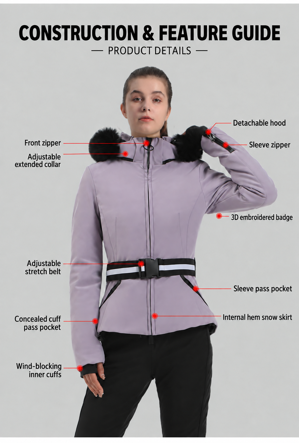 Alpine Stretch Belted Snow Jacket — Construction overview