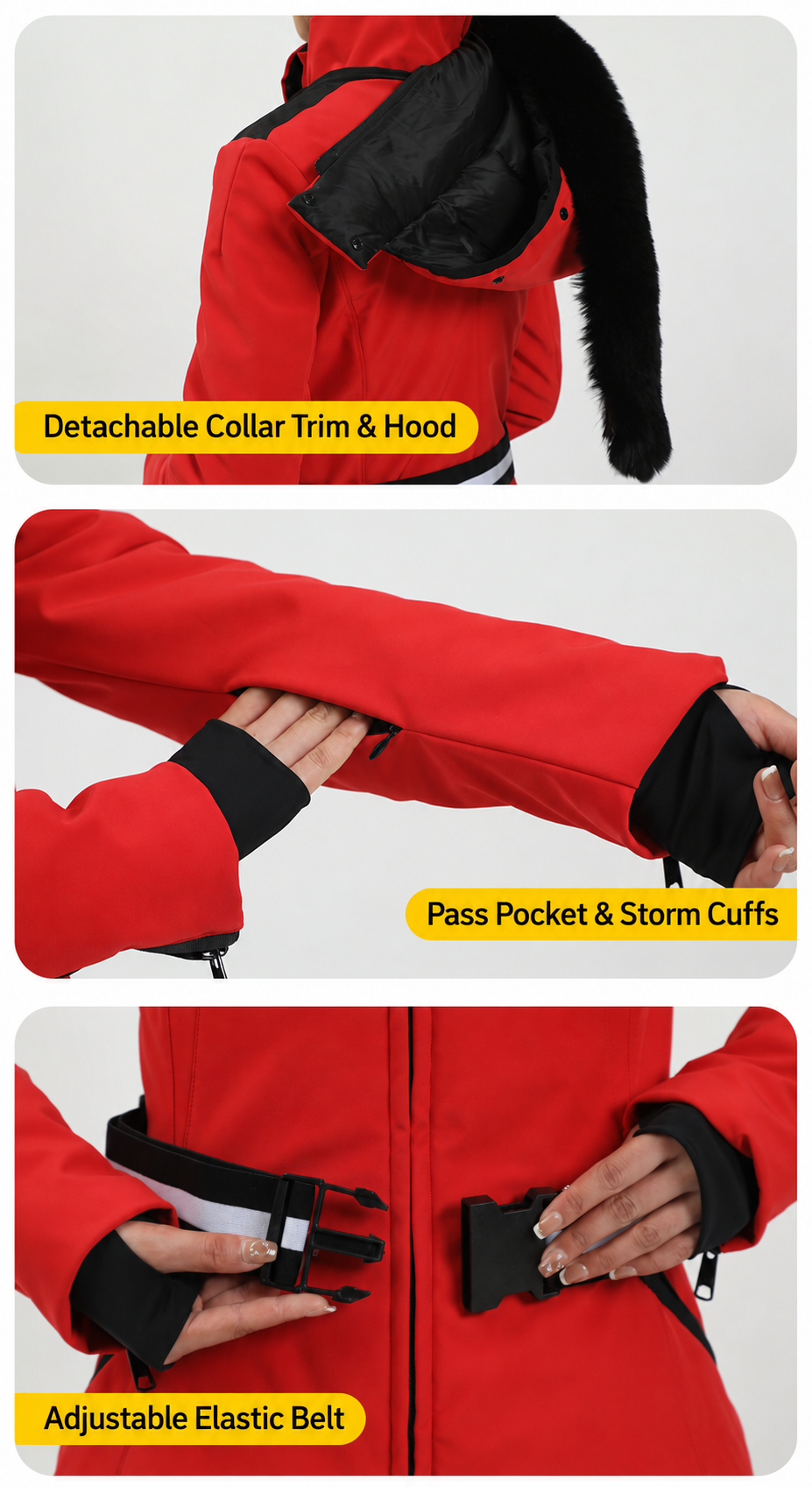 Alpine Stretch Belted Snow Jacket — Hood & belt adjustment