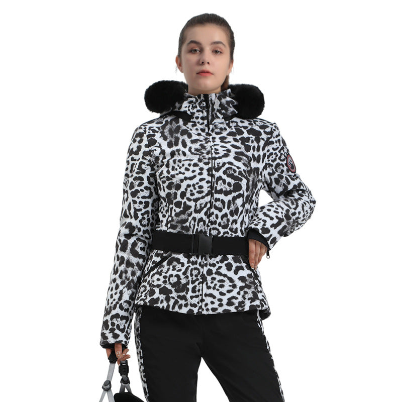 Alpine Stretch Belted Snow Jacket in White Leopard, front product view