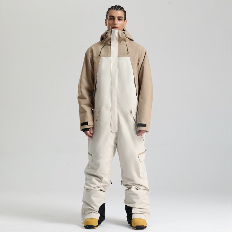 Atlas Colorblock One-Piece Snow Suit in Khaki / Off White, front product view
