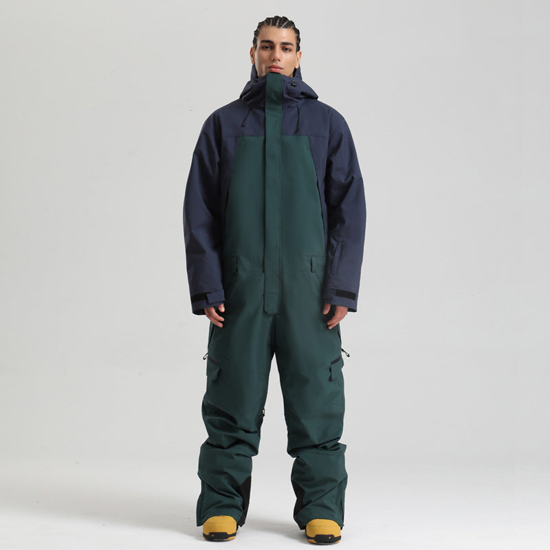 Atlas Colorblock One-Piece Snow Suit in Navy / Forest Green, front product view