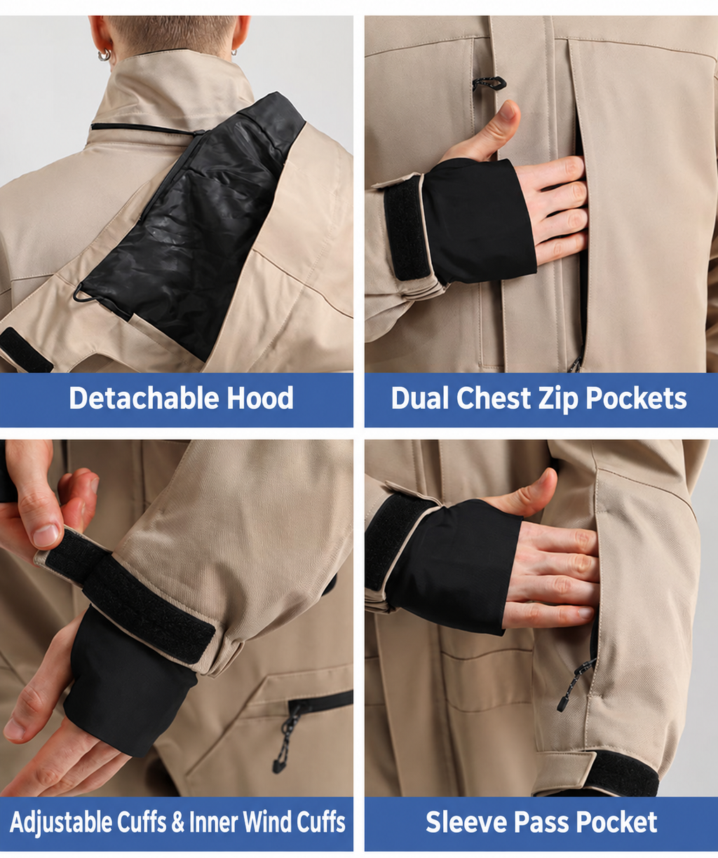 Atlas Utility One-Piece Snow Suit — hood, chest pockets, cuffs and pass pocket