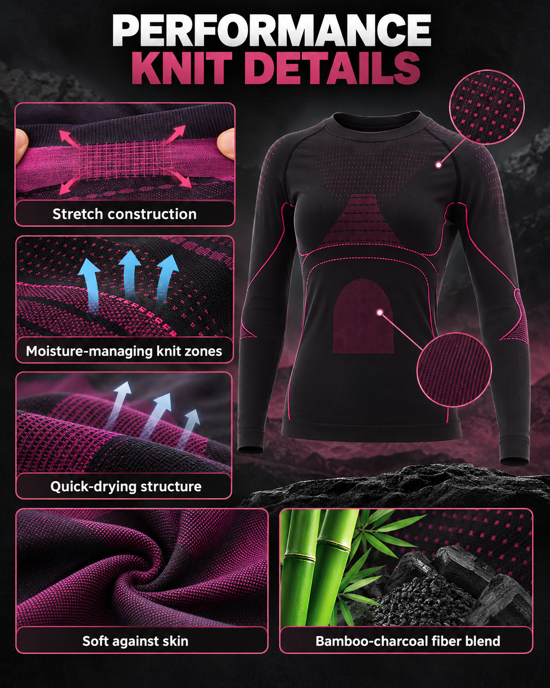 Body-Mapped Seamless Base Layer Set — Performance knit details