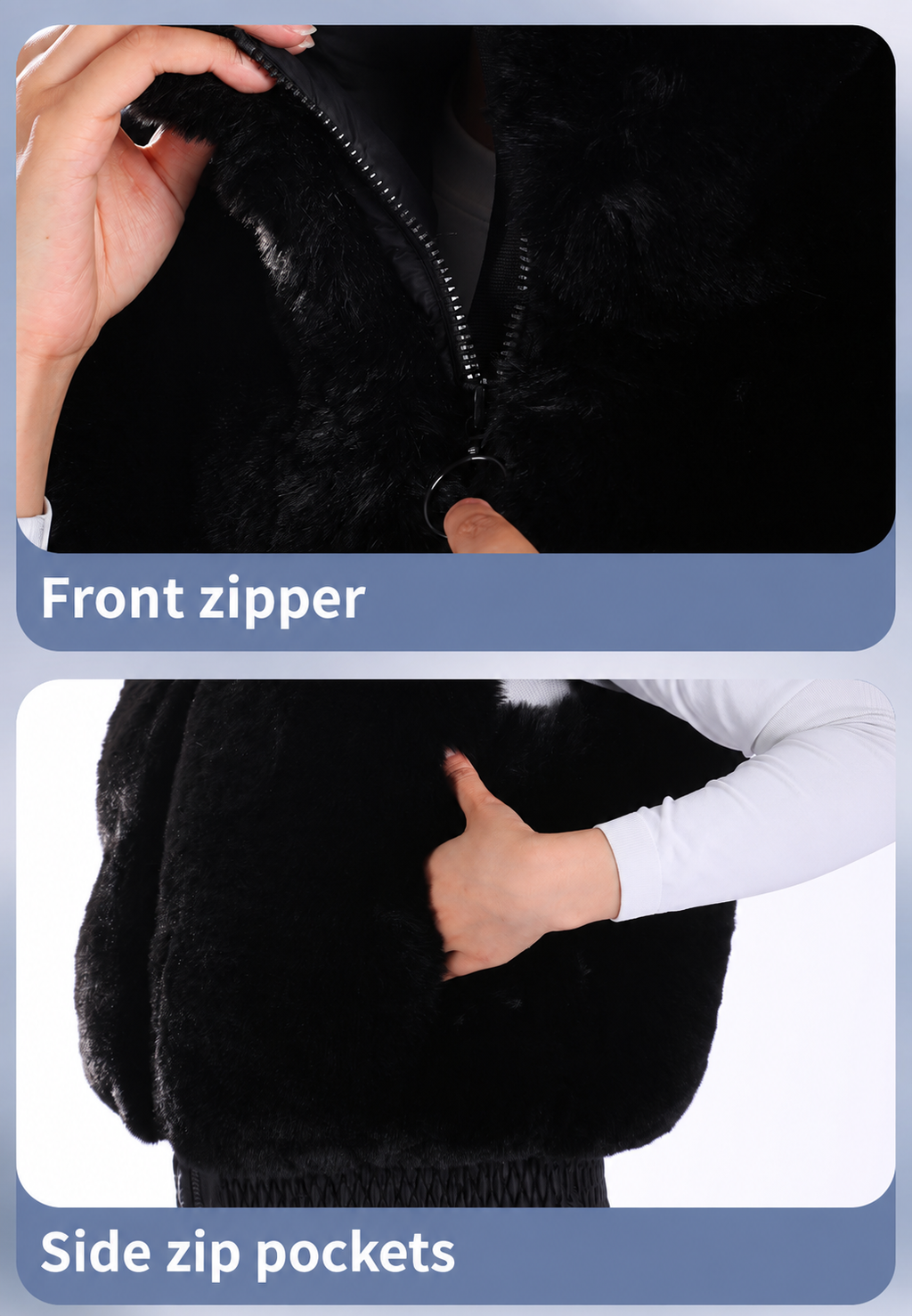 Chalet Faux-Fur Snow Vest — Front zipper & side pockets