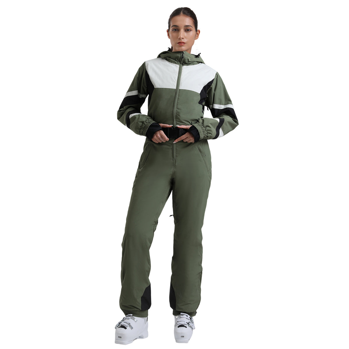 Contour Belted One-Piece Ski Suit — Green front color image