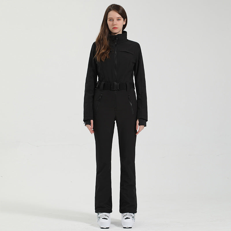 Contour Stretch Belted One-Piece Ski Suit — Black front color image