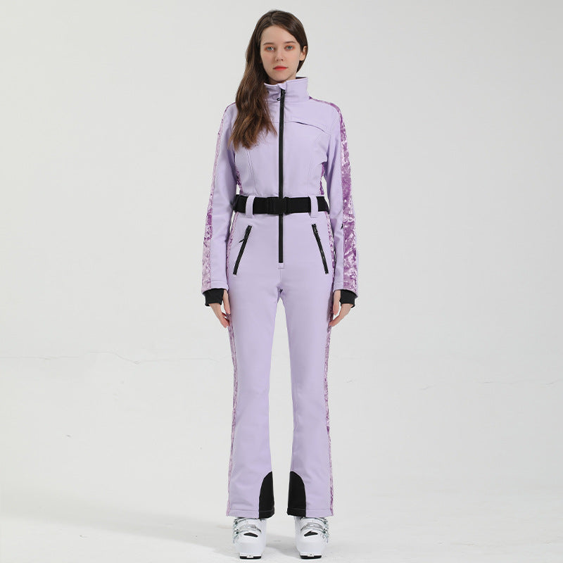 Contour Stretch Belted One-Piece Ski Suit — Lavender Purple front color image