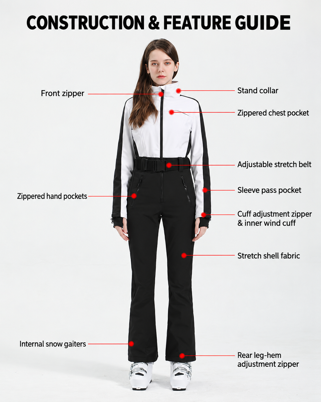 Contour Stretch Belted One-Piece Ski Suit — Construction overview