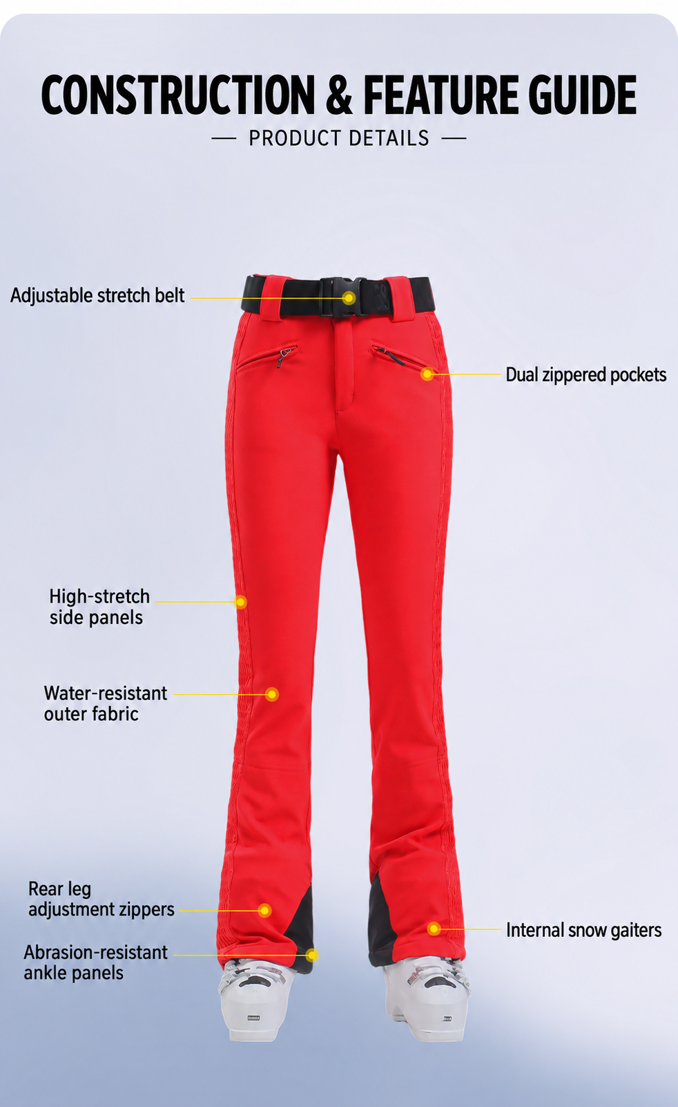 Contour Stretch Belted Snow Pants construction and feature guide