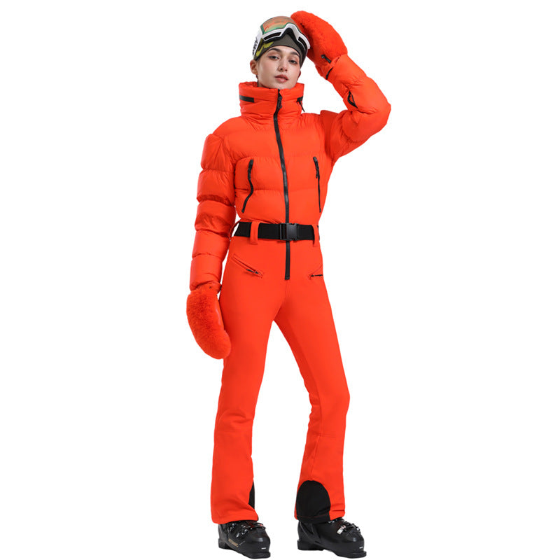 Glacier Down One-Piece Ski Suit — Orange Red front colour image