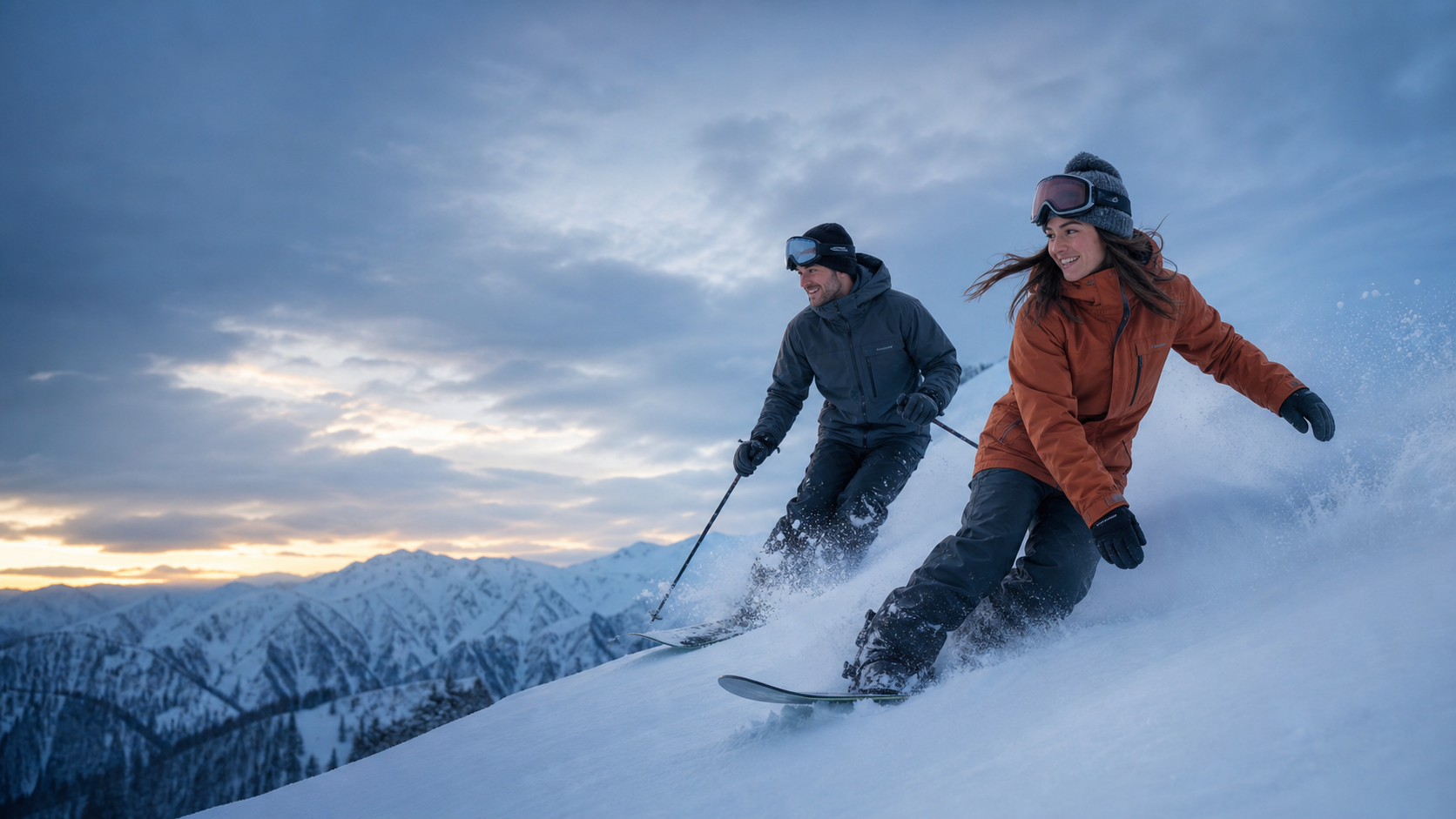 Skiers riding through fresh snow