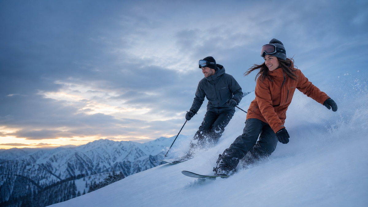 Skiers riding through fresh snow
