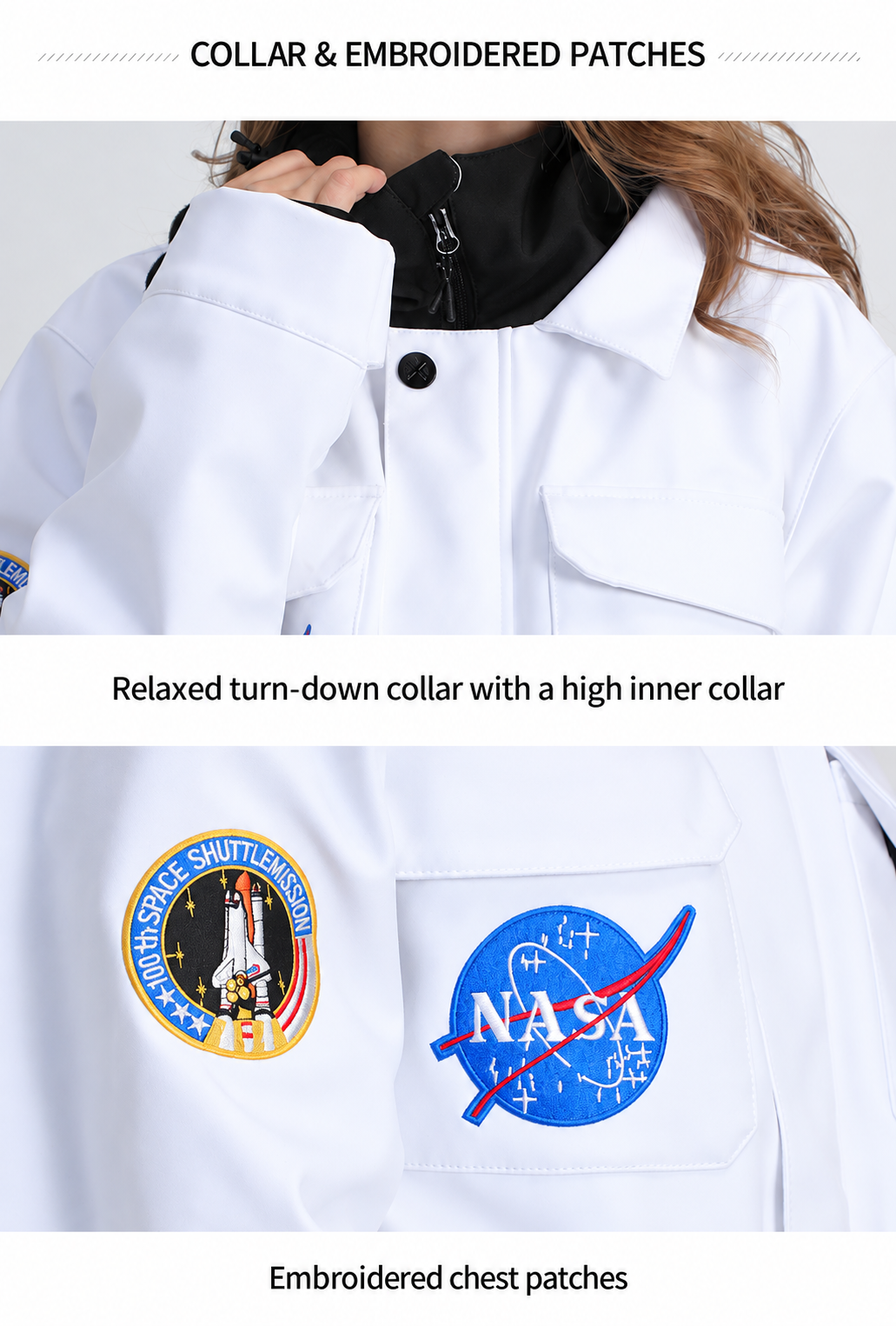 Orbit Patch Utility One-Piece Ski Suit — Collar and patch details