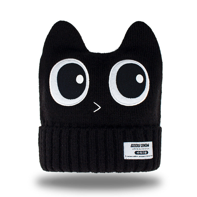 Owl-Ear Knit Snow Beanie — Black front color image