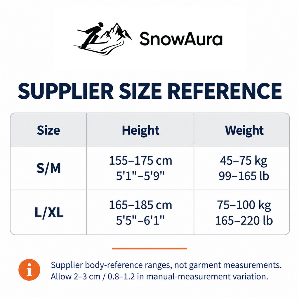 Park Padded Snow Protection Set — Supplier size reference