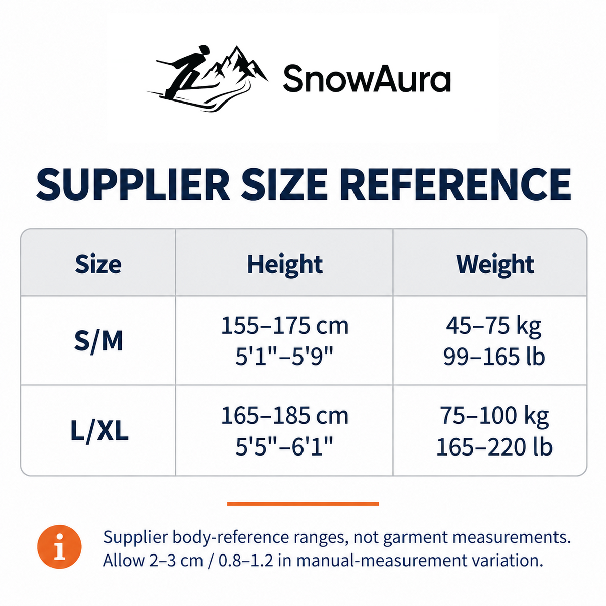 Park Padded Snow Protection Set — Supplier size reference