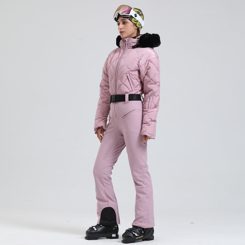 Polar Quilted Down One-Piece Ski Suit — Champagne Pink front colour image