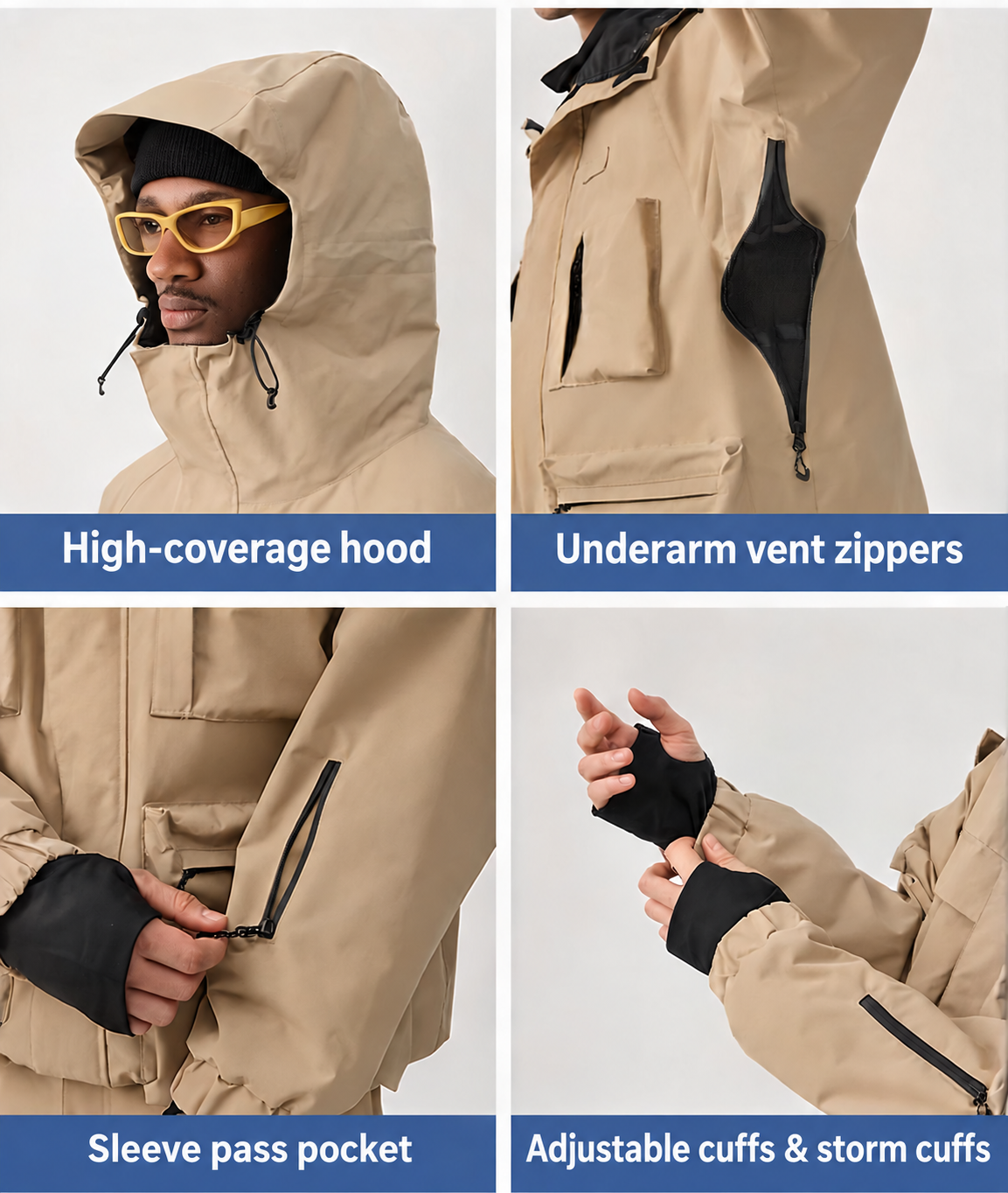 Powder Multi-Pocket Baggy Snow Jacket — hood, underarm vents, pass pocket and cuffs