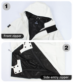 Front zipper and side-entry zipper detail