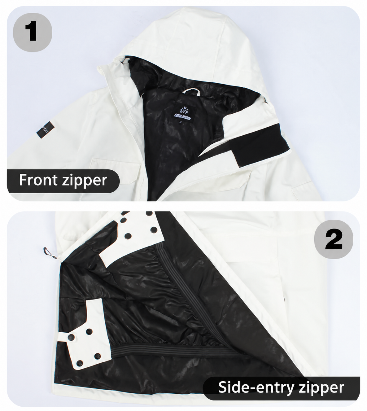 Front zipper and side-entry zipper detail