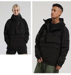 Two models wearing the black Range pullover snow jacket, showing the collar zipped up and partially open.