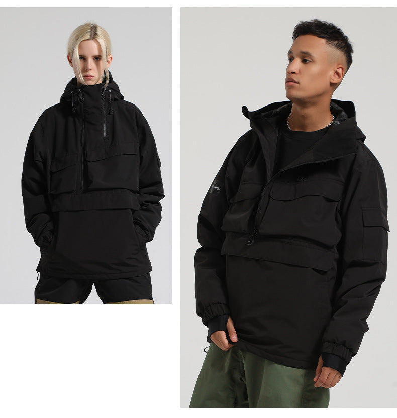 Two models wearing the black Range pullover snow jacket, showing the collar zipped up and partially open.