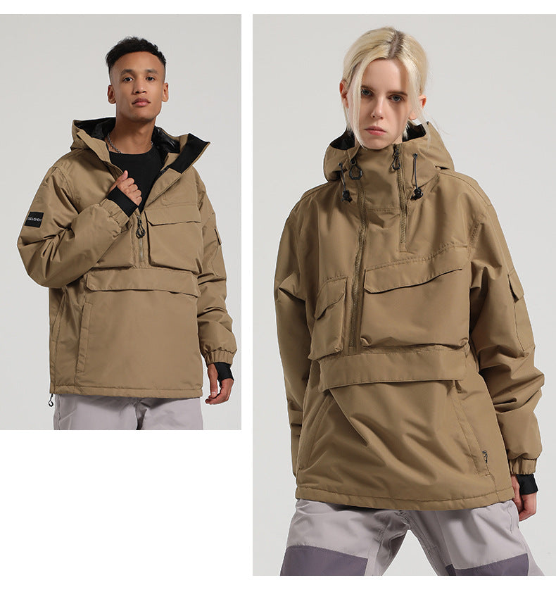 Two models wearing the khaki Range pullover snow jacket, with the half-zip front open and closed.