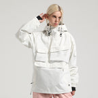 Model wearing the white Range pullover snow jacket, showing the high collar, hood drawcords and front pockets.