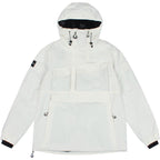 White Range pullover snow jacket laid flat, showing the hood, half-zip front, pockets and contrasting cuffs.