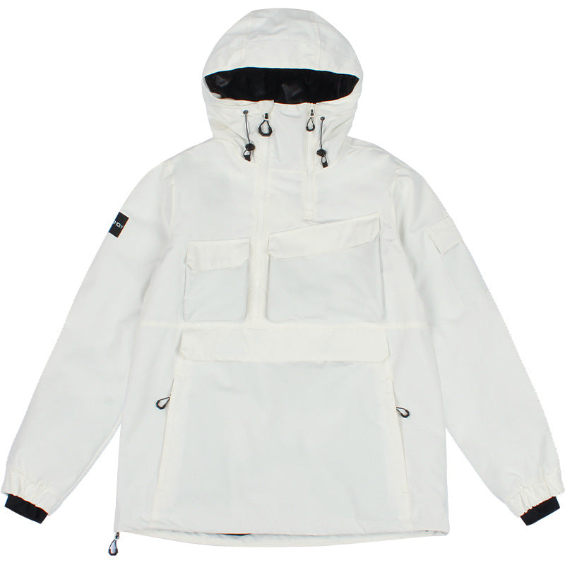White Range pullover snow jacket laid flat, showing the hood, half-zip front, pockets and contrasting cuffs.
