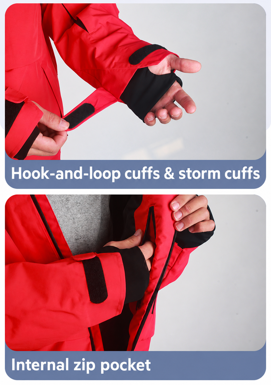 Ridge Insulated Snow Jacket — hook-and-loop storm cuffs and internal zip pocket
