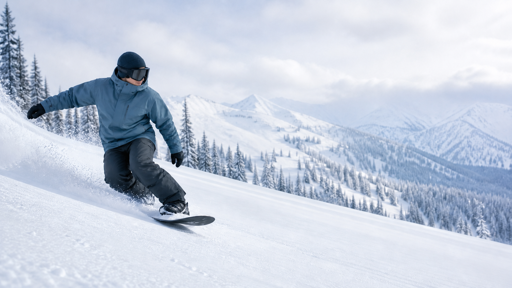 Snowboarder carving across a wide alpine run