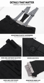 Adjustable suspenders, waist adjusters, pocket and inner cuff details