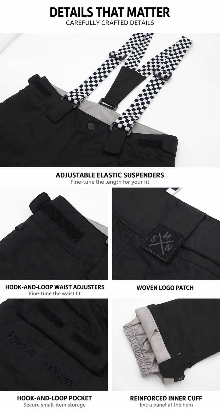 Adjustable suspenders, waist adjusters, pocket and inner cuff details