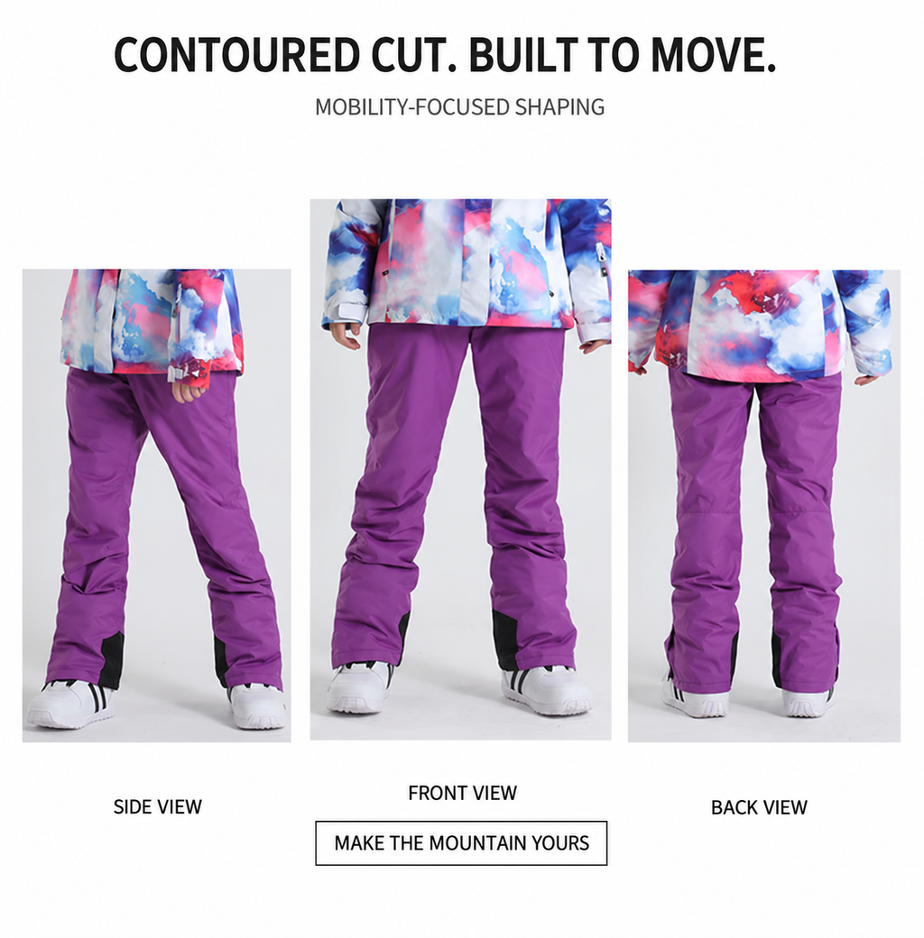 Snow bib front, side and back fit views