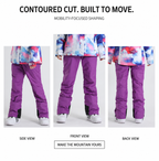 Snow bib front, side and back fit views