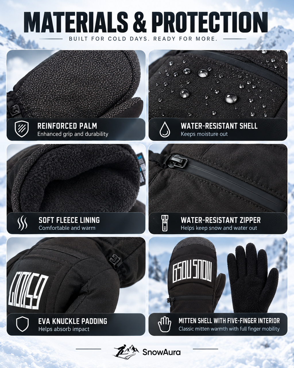 Summit Reinforced Snow Mittens — Materials and protection